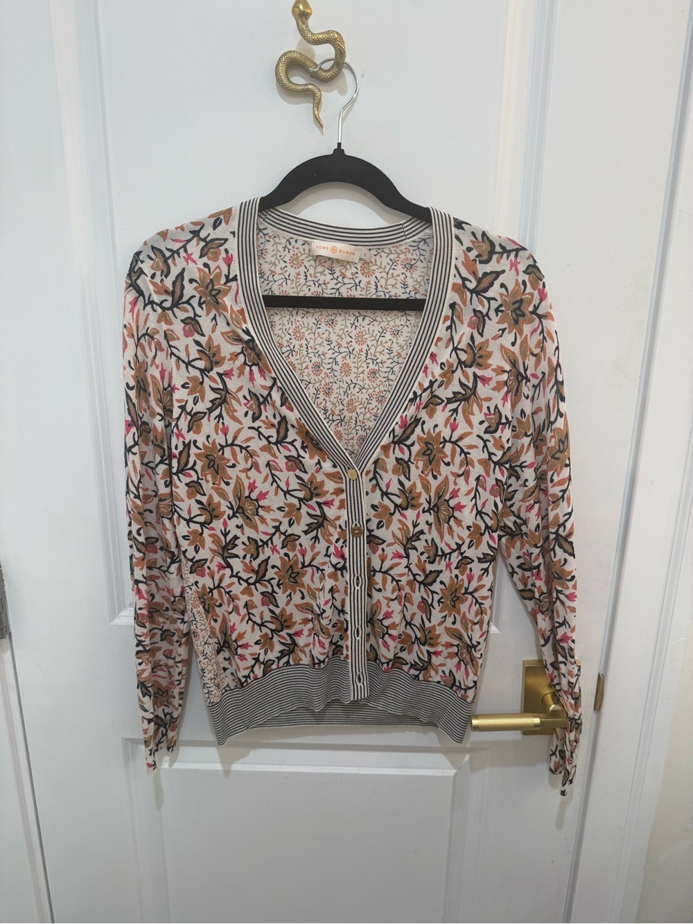 Tory Burch Floral V‑Neck Cardigan in Cream, Brown, Black & Pink